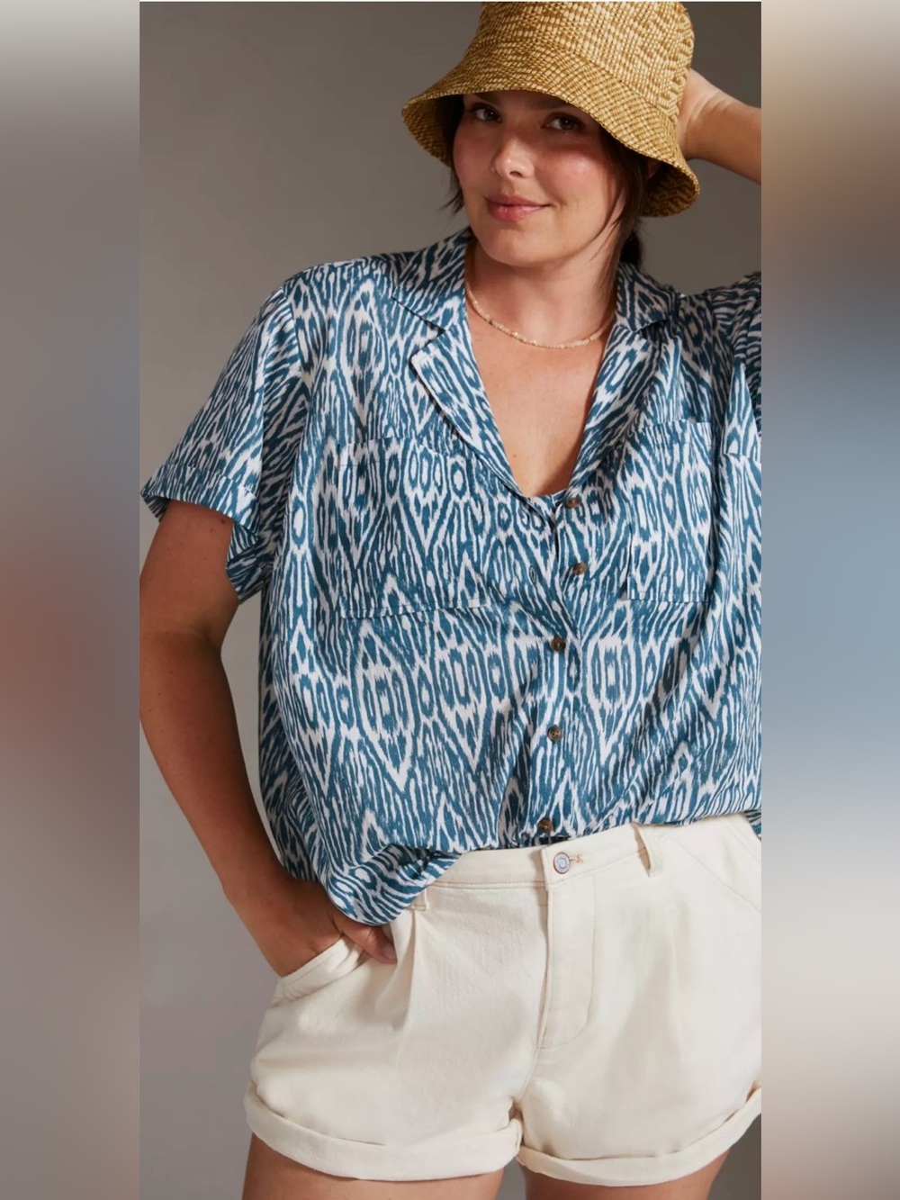 Anthropologie Pilcro Printed Voile Surf Shirt Blue Button Down Size Small